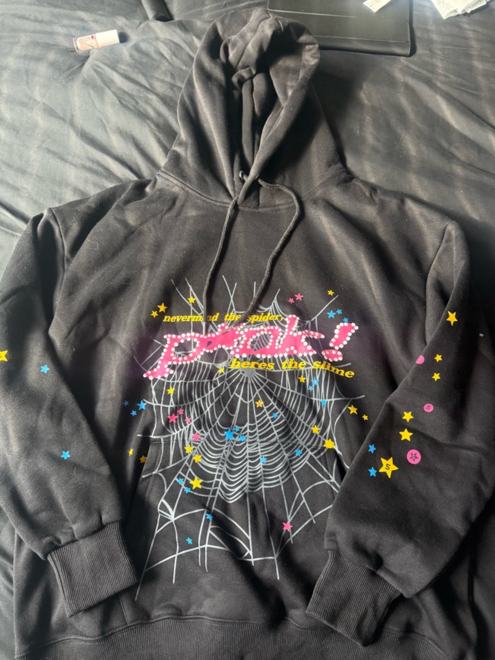 Graphic Spiderweb Hoodie with Pink 'pearl' Script
